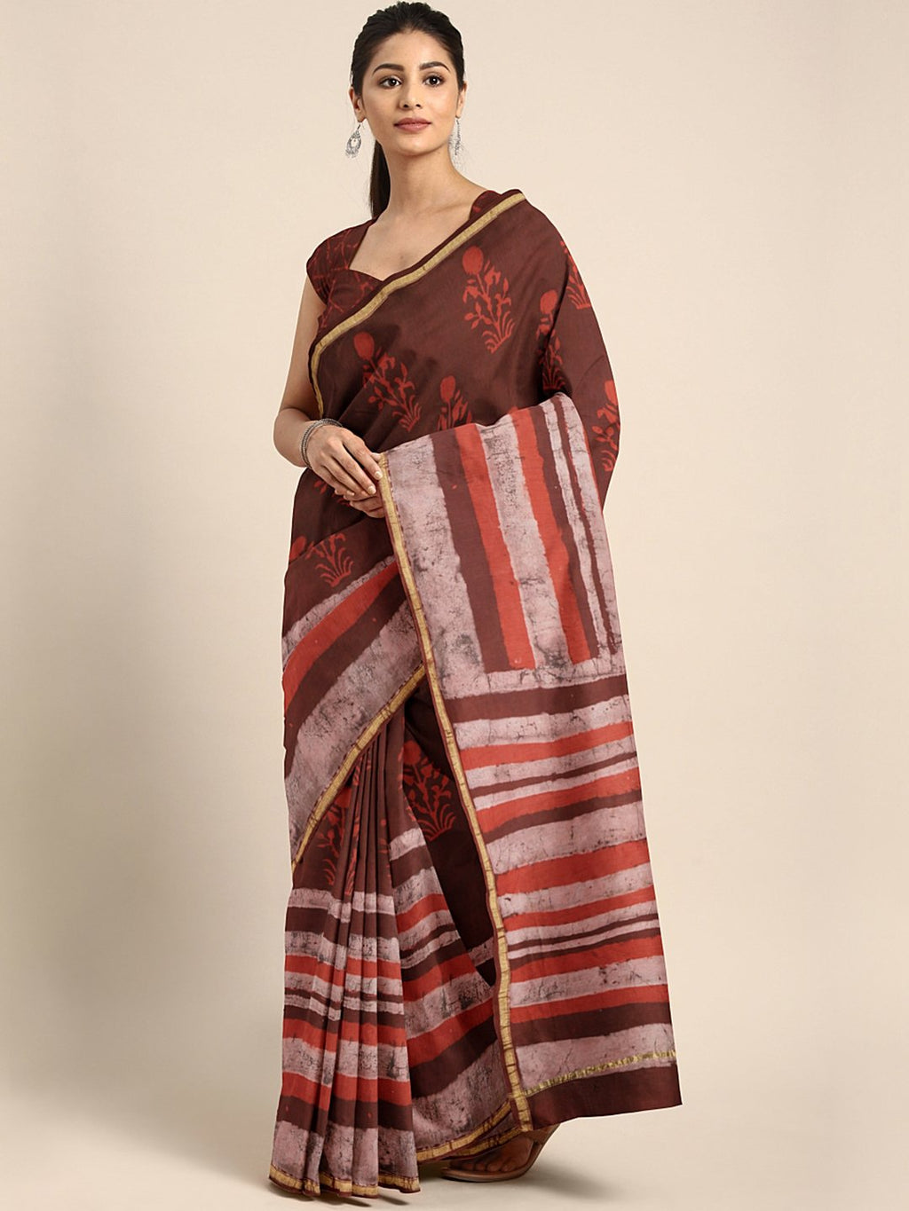 Brown & Maroon Mud Resist Handblock Print Handcrafted Cotton Saree-Saree-Kalakari India-BHKPSA0071-Cotton, Dabu, Geographical Indication, Hand Blocks, Hand Crafted, Heritage Prints, Indigo, Natural Dyes, Sarees, Sustainable Fabrics-[Linen,Ethnic,wear,Fashionista,Handloom,Handicraft,Indigo,blockprint,block,print,Cotton,Chanderi,Blue, latest,classy,party,bollywood,trendy,summer,style,traditional,formal,elegant,unique,style,hand,block,print, dabu,booti,gift,present,glamorous,affordable,collectible,