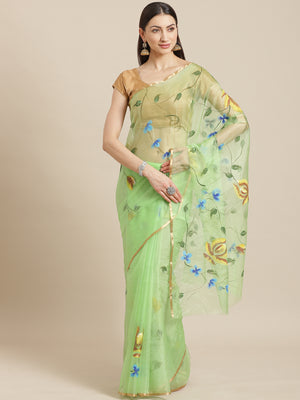 Green and Yellow, Kalakari India Organza Green Hand crafted saree with blouse BHKPSA0132-Saree-Kalakari India-BHKPSA0132-Geographical Indication, Hand Crafted, Hand Painted, Heritage Prints, Natural Dyes, Organza, Red, Sarees, Sustainable Fabrics, Woven, Yellow-[Linen,Ethnic,wear,Fashionista,Handloom,Handicraft,Indigo,blockprint,block,print,Cotton,Chanderi,Blue, latest,classy,party,bollywood,trendy,summer,style,traditional,formal,elegant,unique,style,hand,block,print, dabu,booti,gift,present,gla