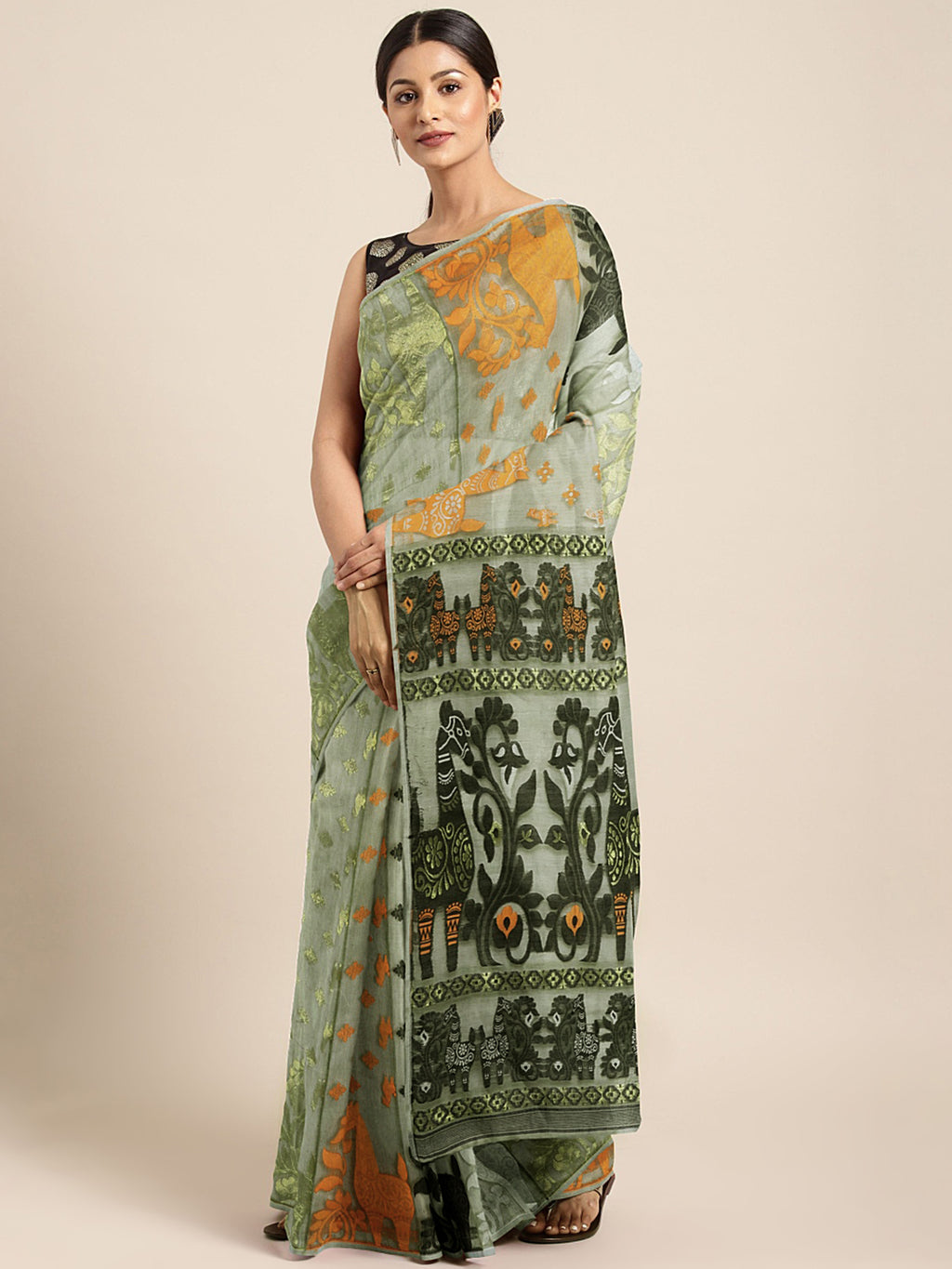 Green Jamdani Woven Design Saree Without Blouse Piece DUTASA015 DUTASA015-Saree-Kalakari India-DUTASA015-Geographical Indication, Hand Crafted, Heritage Prints, Jamdani, Natural Dyes, Sarees, Silk Cotton, Sustainable Fabrics, West Bengal, Woven-[Linen,Ethnic,wear,Fashionista,Handloom,Handicraft,Indigo,blockprint,block,print,Cotton,Chanderi,Blue, latest,classy,party,bollywood,trendy,summer,style,traditional,formal,elegant,unique,style,hand,block,print, dabu,booti,gift,present,glamorous,affordable