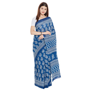 Blue Indigo Screen Print Handcrafted Cotton Saree-Saree-Kalakari India-RDSNSA0108-Cotton, Geographical Indication, Hand Blocks, Hand Crafted, Heritage Prints, Indigo, Sarees, Screen Print, Sustainable Fabrics-[Linen,Ethnic,wear,Fashionista,Handloom,Handicraft,Indigo,blockprint,block,print,Cotton,Chanderi,Blue, latest,classy,party,bollywood,trendy,summer,style,traditional,formal,elegant,unique,style,hand,block,print, dabu,booti,gift,present,glamorous,affordable,collectible,Sari,Saree,printed, hol