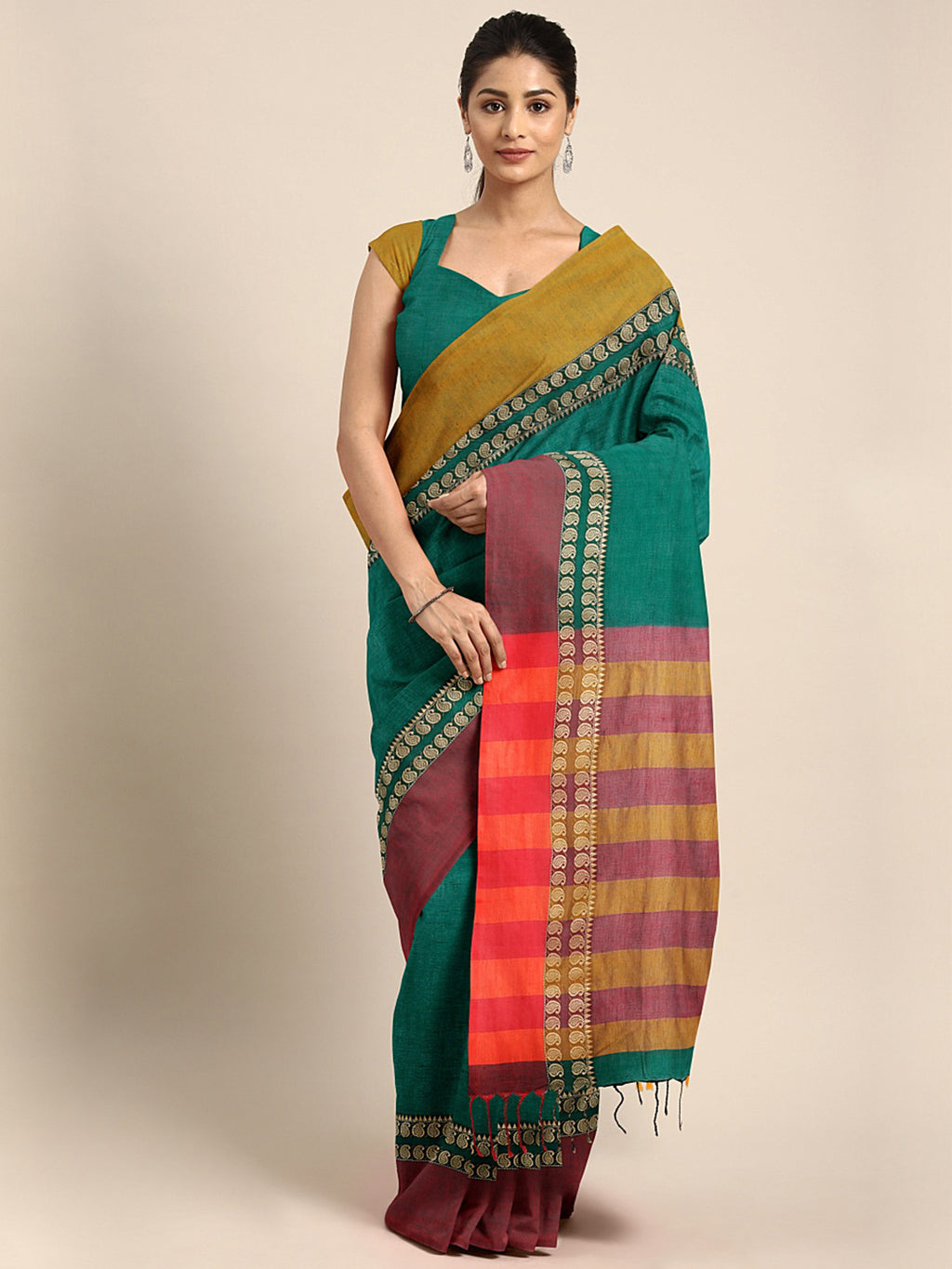 Green Jamdani Woven Design Saree With Blouse Piece SHBESA0057 SHBESA0057-Saree-Kalakari India-SHBESA0057-Geographical Indication, Hand Crafted, Handloom, Heritage Prints, Jamdani, Natural Dyes, Pure Cotton, Sarees, Sustainable Fabrics, West Bengal, Woven-[Linen,Ethnic,wear,Fashionista,Handloom,Handicraft,Indigo,blockprint,block,print,Cotton,Chanderi,Blue, latest,classy,party,bollywood,trendy,summer,style,traditional,formal,elegant,unique,style,hand,block,print, dabu,booti,gift,present,glamorous,