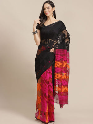 Black and Orange, Kalakari India Jamdani Silk Cotton Woven Design Saree without blouse CHBHSA0013 - Kalakari India