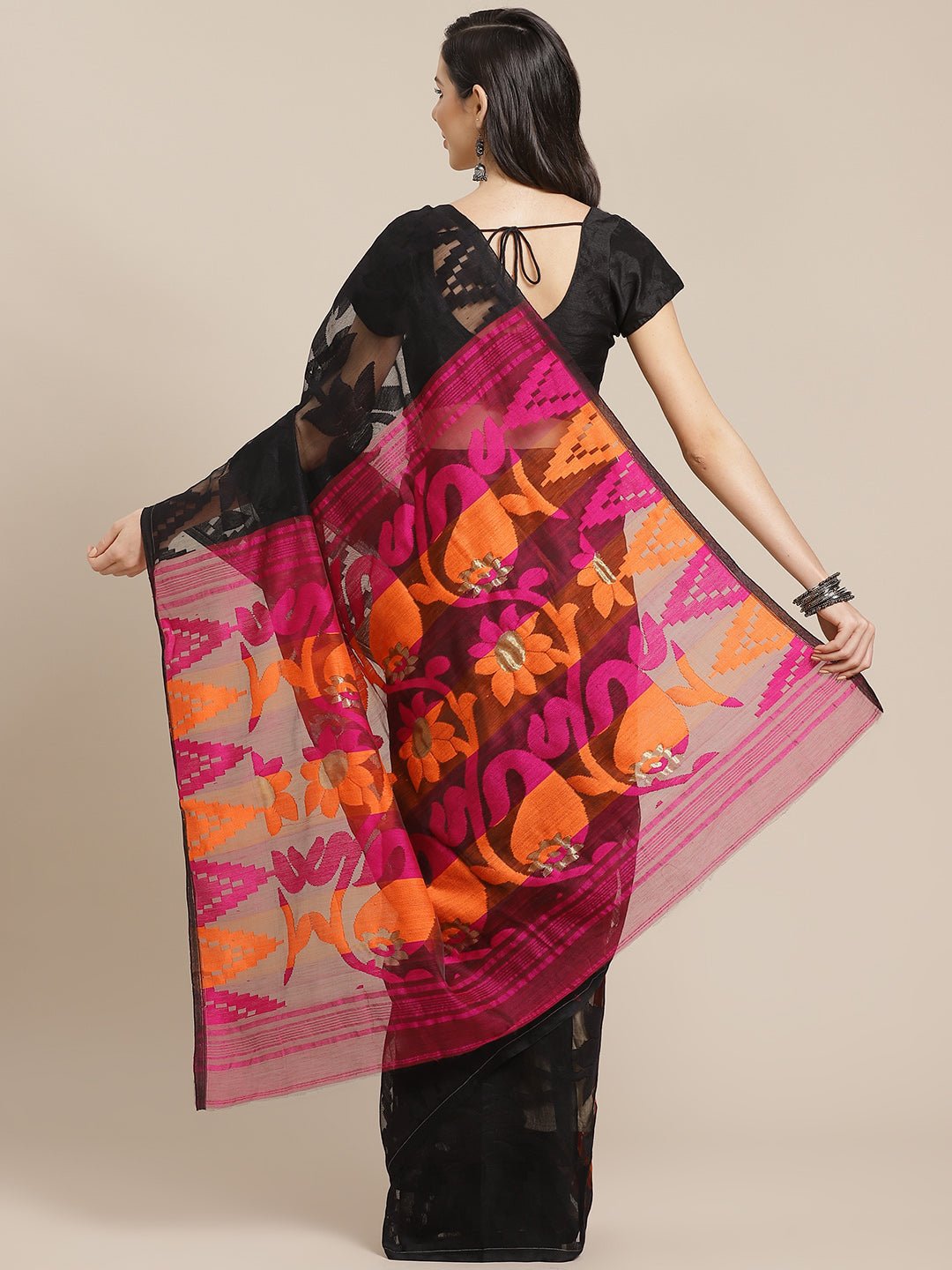 Black and Orange, Kalakari India Jamdani Silk Cotton Woven Design Saree without blouse CHBHSA0013 - Kalakari India